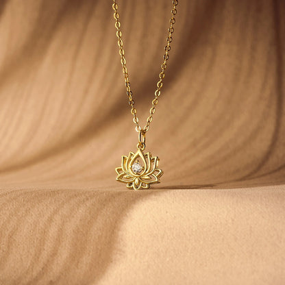 14K Gold Plated Yoga Floral Pendant Necklace with Message Card- Single Diamond Lotus