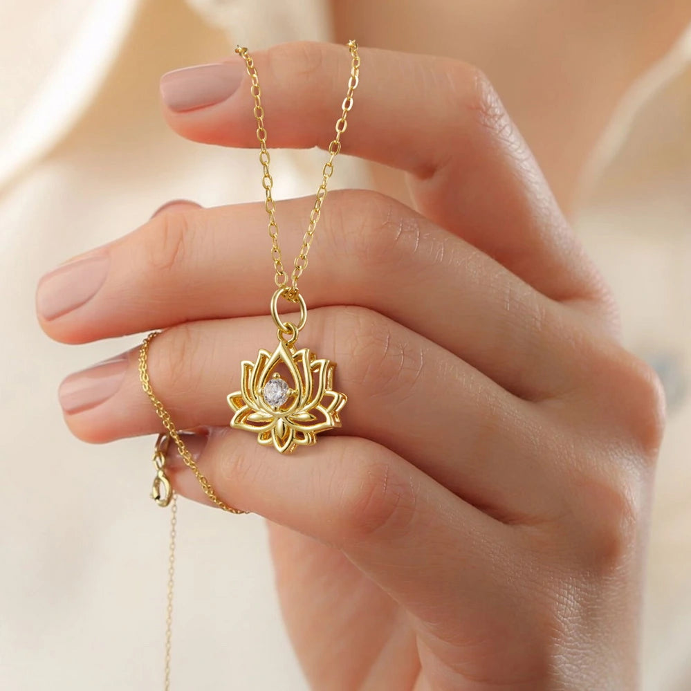 14K Gold Plated Yoga Floral Pendant Necklace with Message Card- Single Diamond Lotus