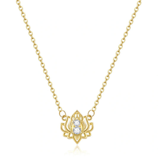 14K Gold Plated Yoga Floral Pendant Necklace with Message Card- Double Diamond Lotus