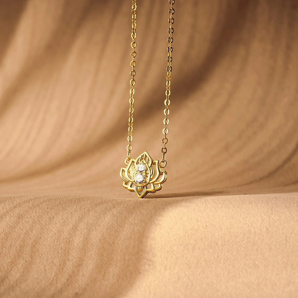 14K Gold Plated Yoga Floral Pendant Necklace with Message Card- Double Diamond Lotus