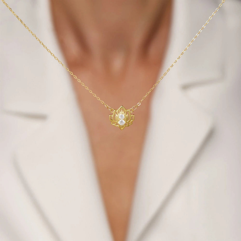 14K Gold Plated Yoga Floral Pendant Necklace with Message Card- Double Diamond Lotus