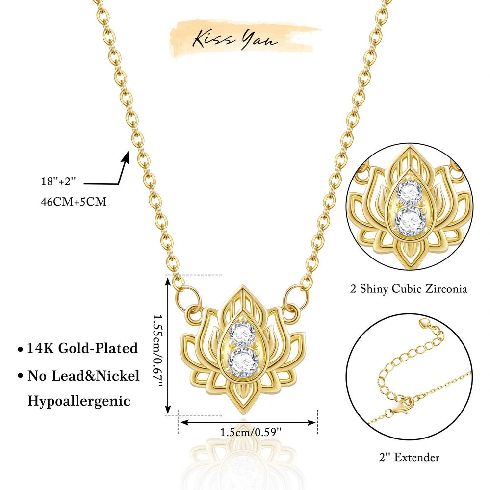 14K Gold Plated Yoga Floral Pendant Necklace with Message Card- Double Diamond Lotus