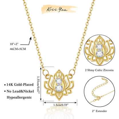 14K Gold Plated Yoga Floral Pendant Necklace with Message Card- Double Diamond Lotus