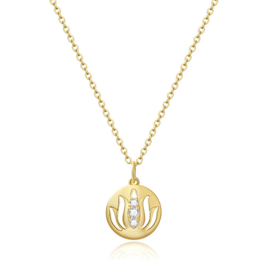 14K Gold Plated Yoga Floral Pendant Necklace with Message Card- Three Diamond Lotus