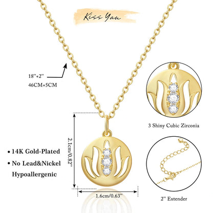 14K Gold Plated Yoga Floral Pendant Necklace with Message Card- Three Diamond Lotus