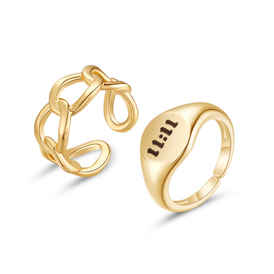 14K Gold Chunky Gold Rings Set for Women-2Pcs on white background