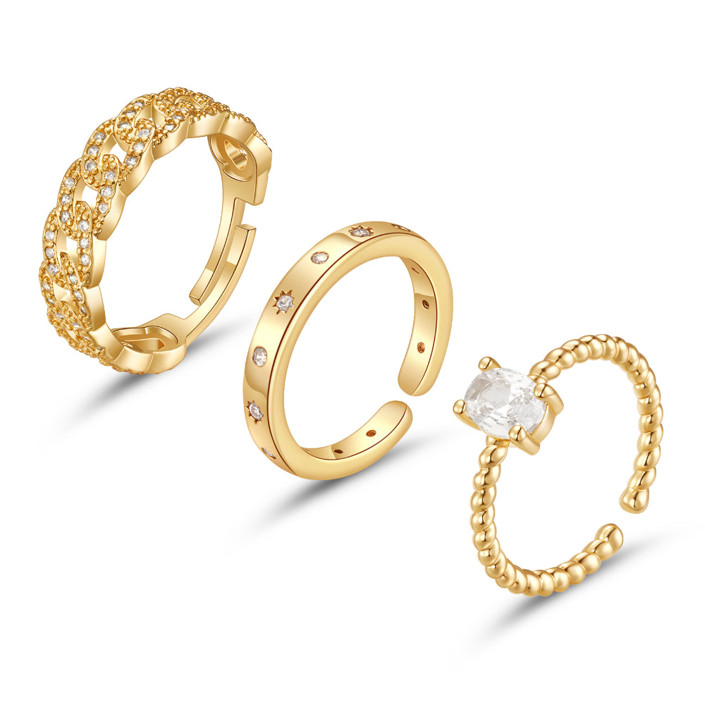 14K Gold Plated Stackable Open Knuckle Rings on White Background