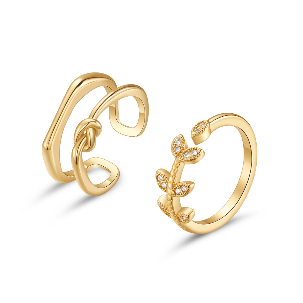 14K Gold Plated Dainty Gold Adjustable Open Ring-2Pcs