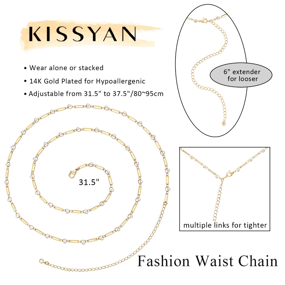 High-Quality 14K Gold Waist Body Chains Adorned with Pearl & Cuban Links