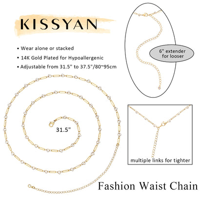 High-Quality 14K Gold Waist Body Chains Adorned with Pearl & Cuban Links