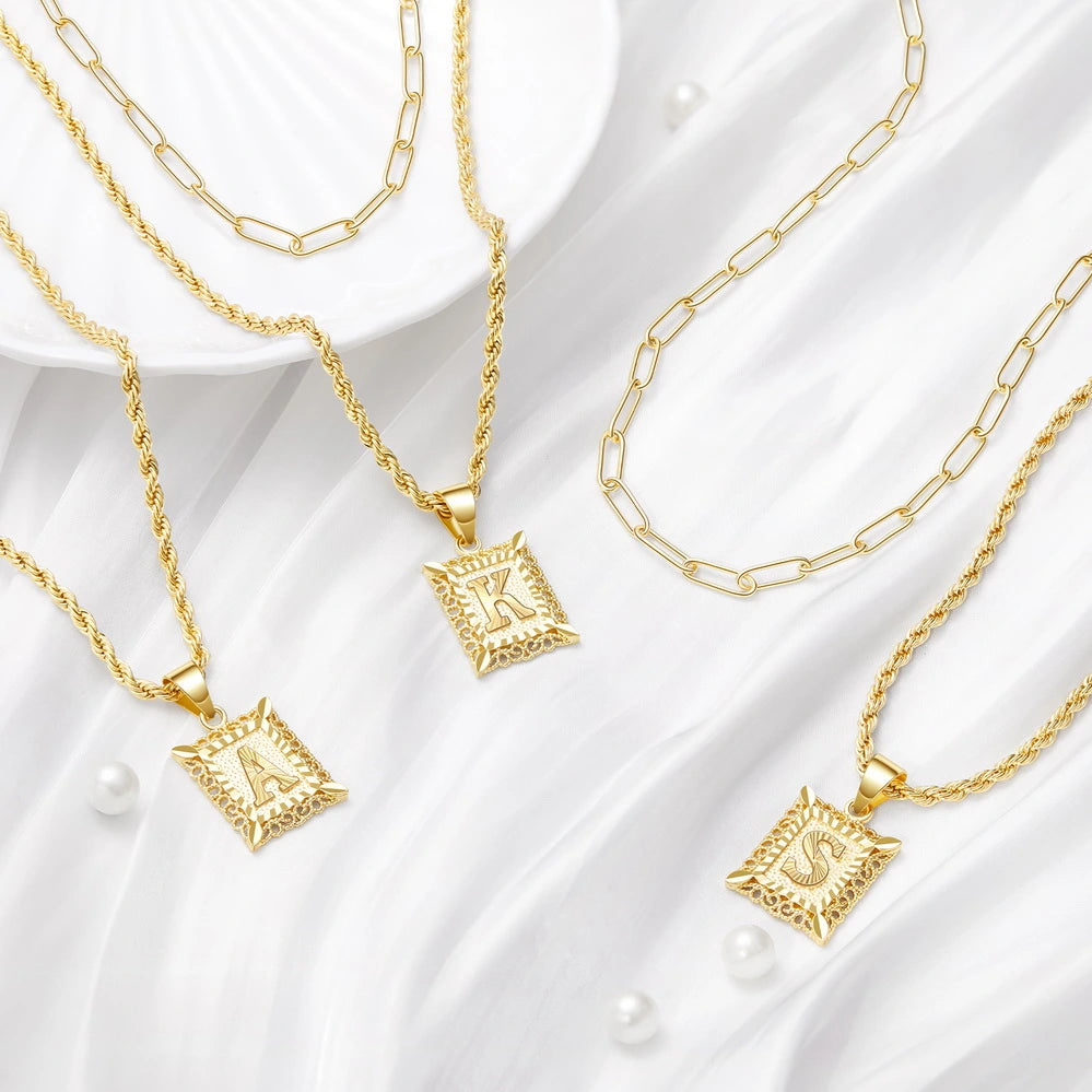 Personalized Square Initial 14K Gold Necklace with Twist Rope Chain