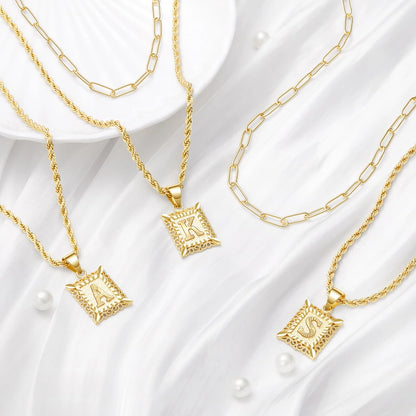 Personalized Square Initial 14K Gold Necklace with Twist Rope Chain